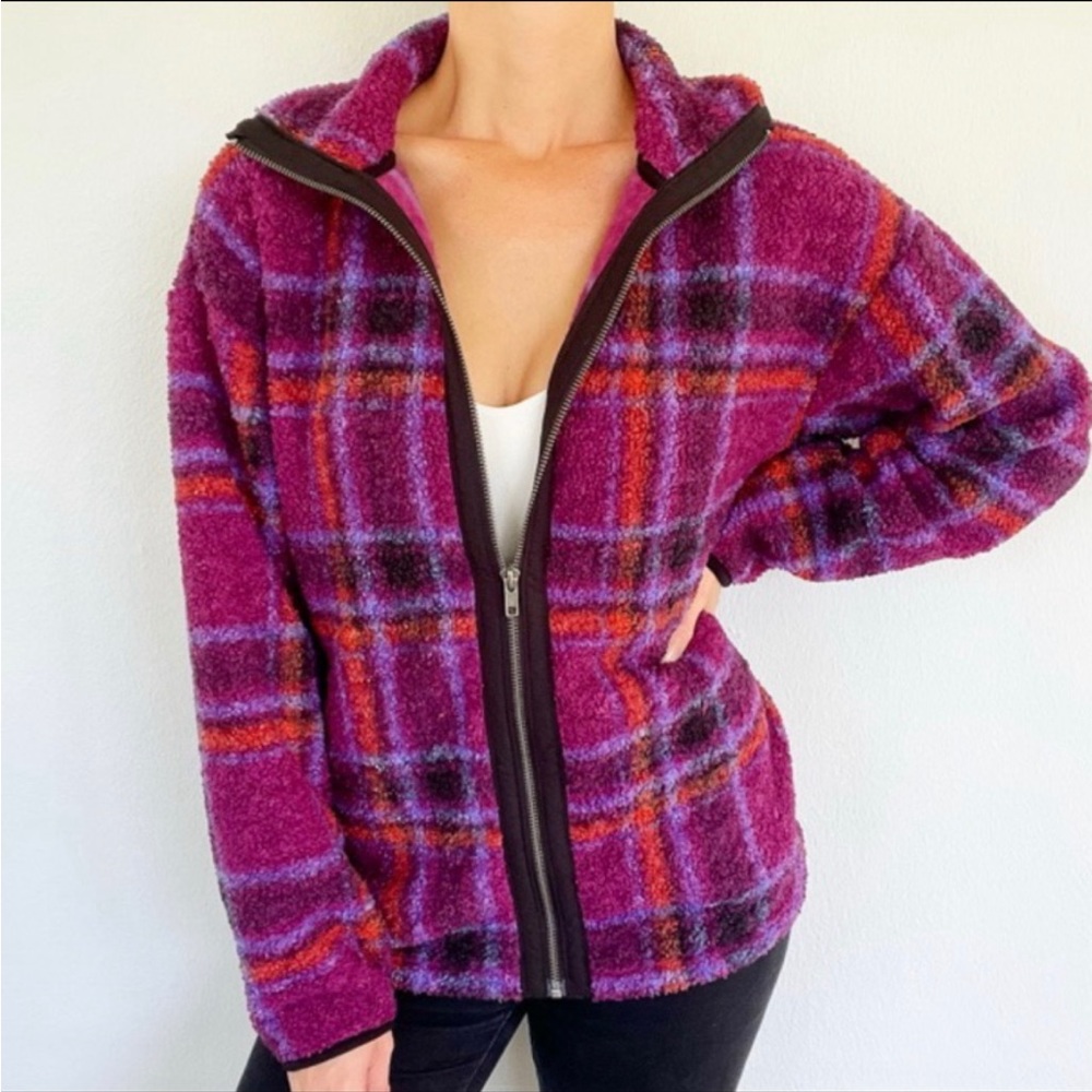 LOFT purple orange plaid fleece full zip teddy jacket size XS